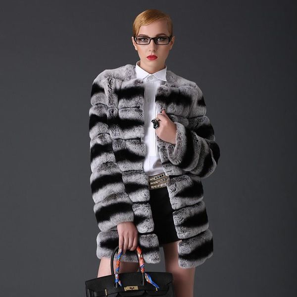 

arrival luxury whole peel chinchilla fur coat for women genuine real rex overcoat long bf-c0361 women's & faux, Black