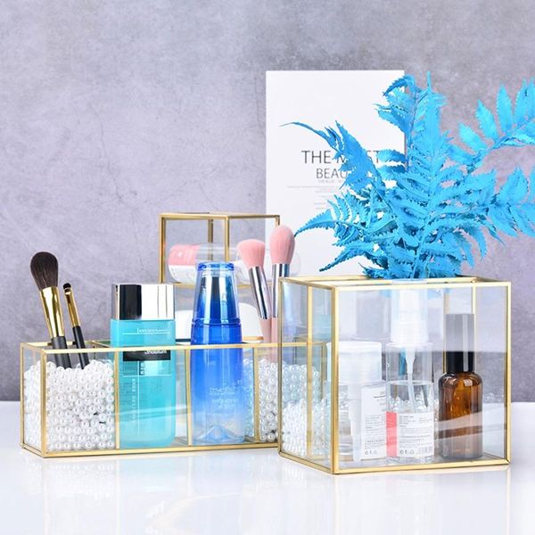 

gold glass makeup brush holder storage container ring earring clear drop boxes & bins