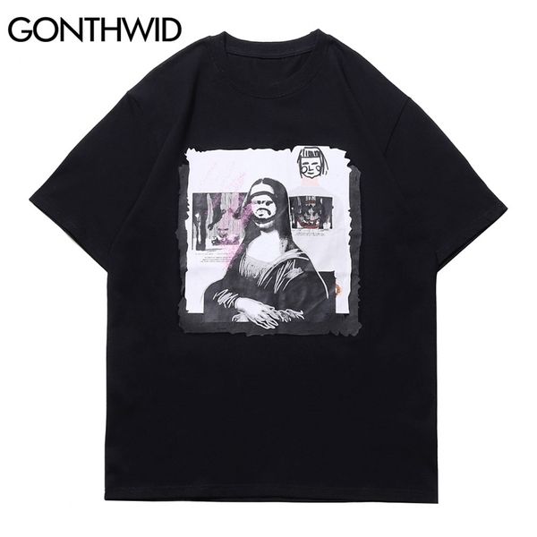 Magliette Camicie Streetwear Divertente Graffiti Mona Lisa Magliette a maniche corte Hip Hop Harajuku T-shirt casual in cotone Mens Top 210602