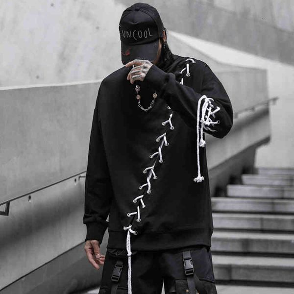 

t shirt streetwear dark black gothic fashion design drawstring t-shirt men's hip hop long-sleeved tshirt tee, White;black