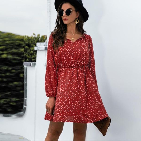 

casual dresses 2021 lace-up v-neck full sleeve elastic waist thin ruffled mini dress women spring and autumn polka dot print, Black;gray