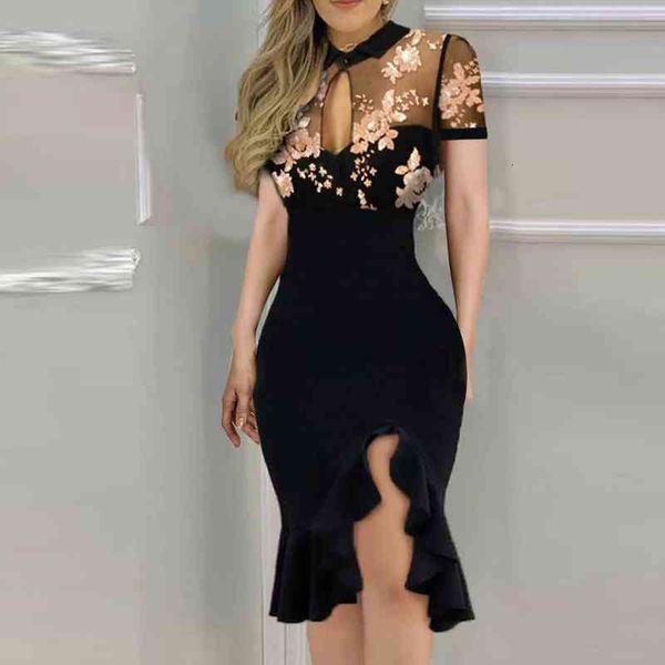 

summer clothing slit ruffles hem women dresses floral pattern slimming lace long sleeve with side slits, Black;gray