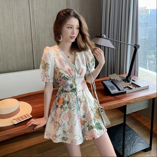 

runway design summer playsuit women jumpsuit high waist vintage v neck floral print mini boho puff sleeve overalls a942, Black;white