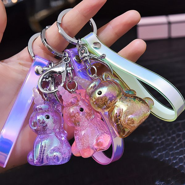 

2021 fashion keychain acrylic crystal bubble unicorn key chain pony magic color leather rope cartoon doll car pendant, Silver