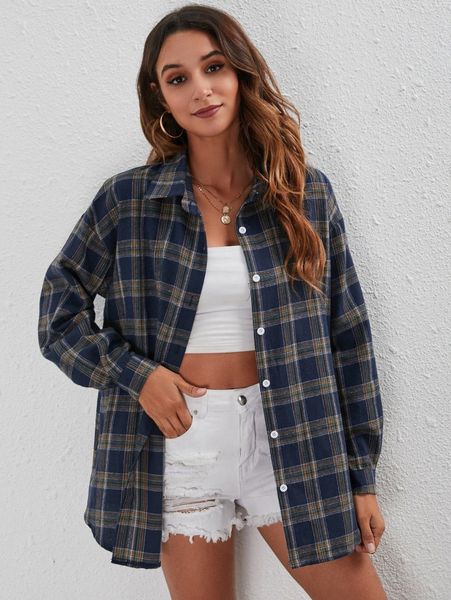 

plaid print button front overshirt t5c5#, White