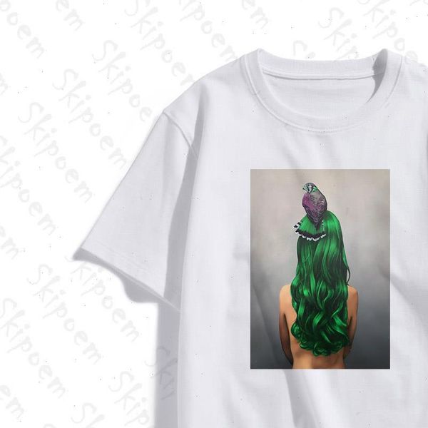 

bird green women hair nude girl tshirt aesthetic punk gothic korean style cotton plus size short sleeve tee shirt, White