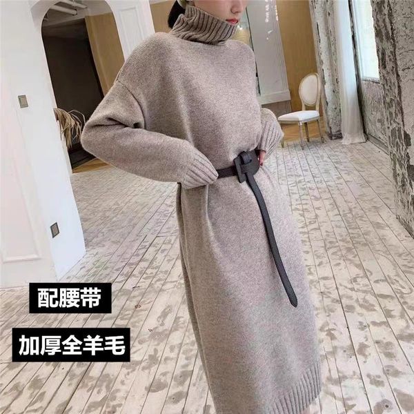 

winter korean version of lazy high collar all wool knitted dress for women's thickened woolen with leather belt casual dresses, Black;gray