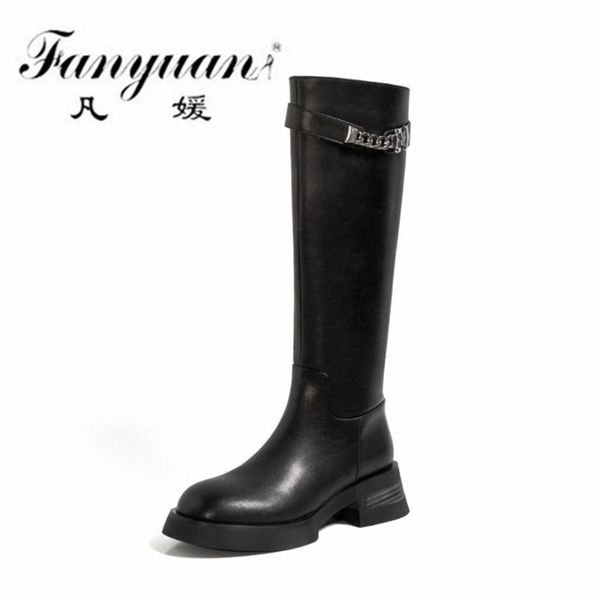 

boots fanyuan fashion riding equestrian 2021 fall winter est genuine leather shoes woman wedding party knee high, Black
