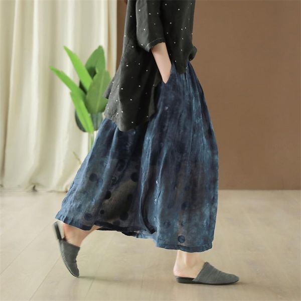 

summer arts style women elastic waist loose long skirt 3d flower vintage a-line all-matched casual linum s s299 210512, Black