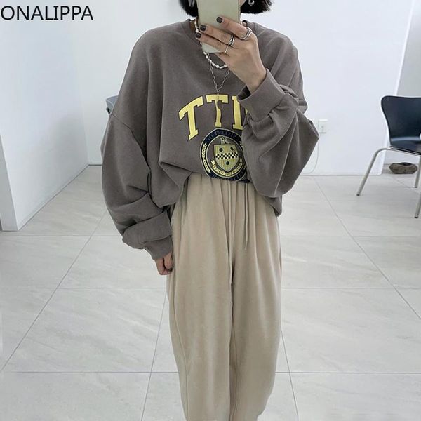 

women's two piece pants onalippa 2021 autumn women sets simple casual round neck letter pattern printed sweatershirt high waist velvet, White