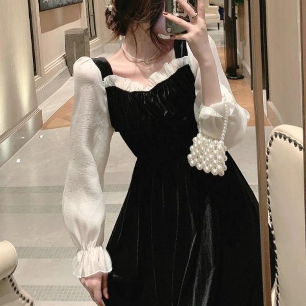 

casual dresses black vintage dress women square collar long sleeve evening party retro gothic female one piece korean 2021 autumn, Black;gray