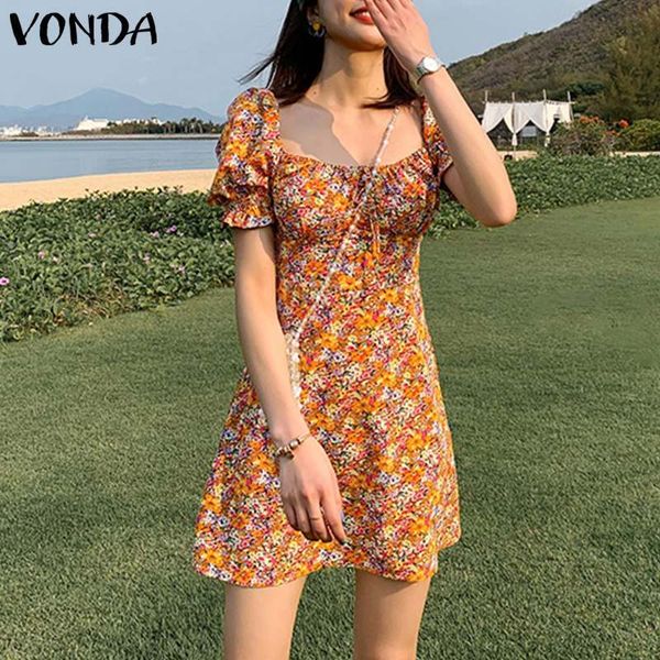 

dresses summer party sundress women's fashion short bohemian floral print bodycon dress 2021 vonda plus size vestidos robe femme, Black;gray