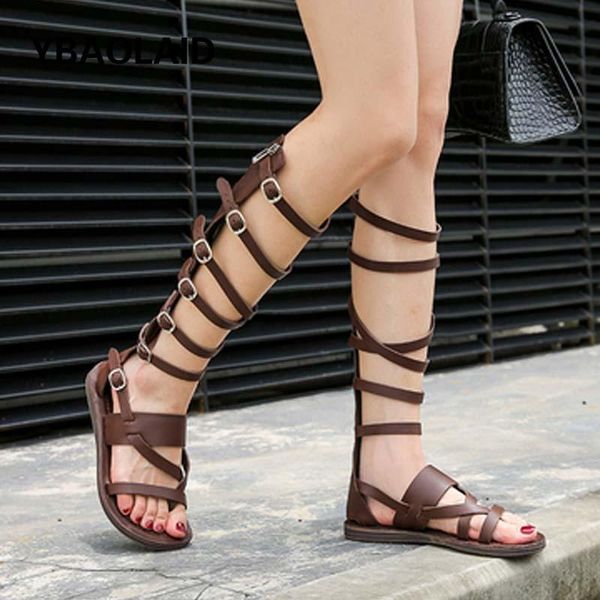 

boots summer style cowhide low-heeled thin strap combination high-tube sandals flip-flops with buckle back zipper flat, Black