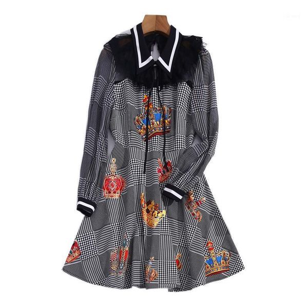 

casual dresses fashion spring summer designer women's dress long sleeve crown diamond beading plaid print vintage chic runway a-line, Black;gray
