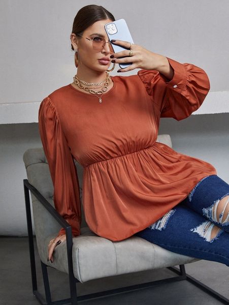 

plus puff sleeve peplum blouse y1hs#, Black