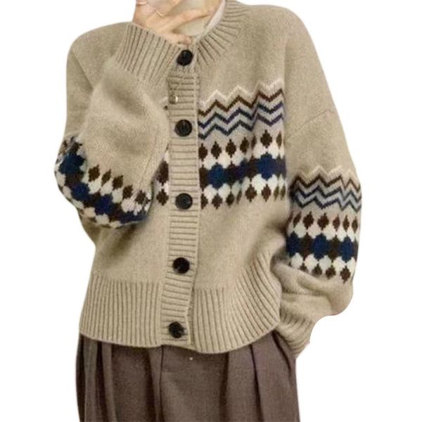 

women's knits & tees girls spring long sleeve knitwear, ladies geometric printing single-breasted knitted coat casual round collar card, White