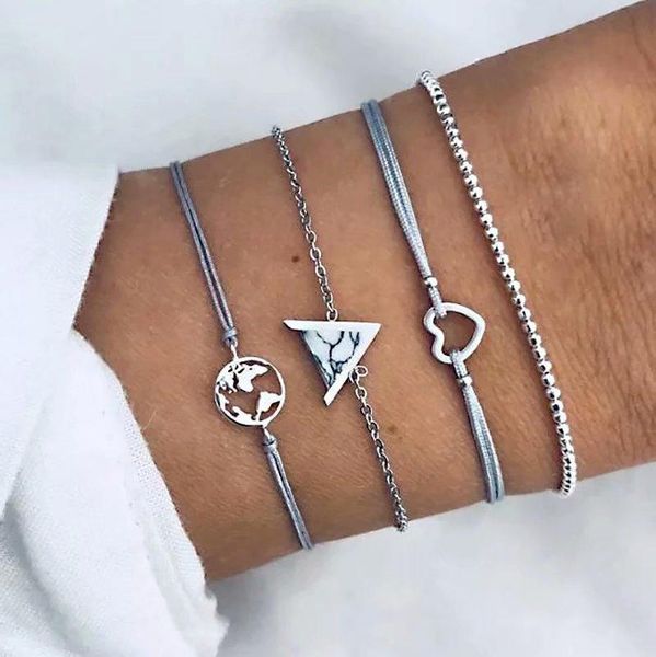 

pcs/ set classic bohemian love triangle map stone multilayer chain weave bracelet women fashion party jewelry gift bangle, Black