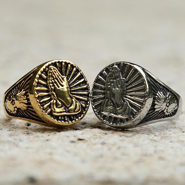 

vintage gold silver color christ prayer signet ring men women crown heart 316l stainless steel biker fashion lucky cluster rings, Golden;silver