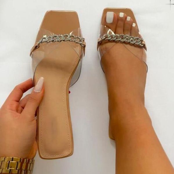 

retro chain women's slippers transparent upper fabrics summer shoes woman outdoor wear low heel ladies slides wholesale, Black