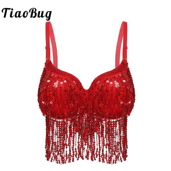 

women sequins tassel padded bra stage performance fringed latin jazz belly dance costume festival rave party clubwear wear, Black;red