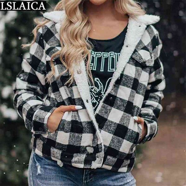 

plaid jacket long sleeve lamb hair patchwork fashion winter clothes women outerwear jackets for streetwear coat 210515, Black;brown