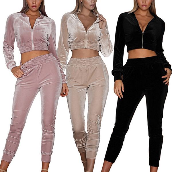 2021 Autunno Tute da donna Due pezzi Velour Gym Outfit Manica lunga Crop + Pantalone in velluto Set per donna Tuta sportiva X2UJ