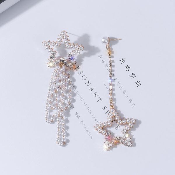 

dangle & chandelier women statement hollow star simulated pearl asymmetry tassel drop earrings for party wedding jewelry pendientes brincos, Silver
