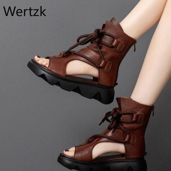 

soft leather sandals women's summer thick soled female fish mouth muffin shoes roman high boots national style, Black