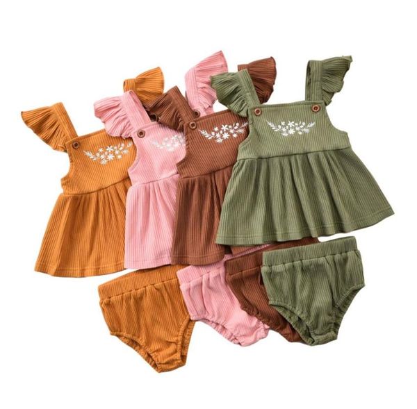 

2pcs set born summer outfits floral print square collar ruffle sleeves vest solid color ribbed shorts baby girls sets clothing, White