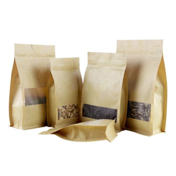 

storage bags 50pcs kraft paper frosted window stand up eight side seal bag food candy tea nut tear notch reusable packaging pouches
