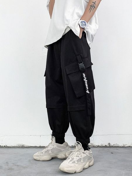 

men contrast tape buckled flap pocket pants n45n#, Black