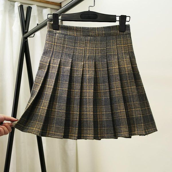 

skirts 2021 autumn winter high waist pleated a-line girls harajuku woolen plaid mini skirt japanese school uniform z6103, Black