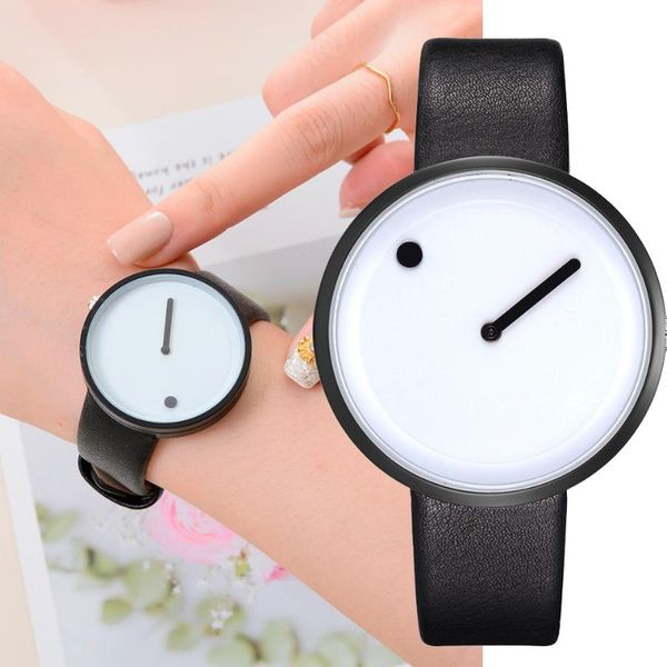 

wristwatches minimalistischen stil leder armbanduhren frauen manner kreative schwarz wei design dot & linie einfache gesicht quarz uhren uhr, Slivery;brown