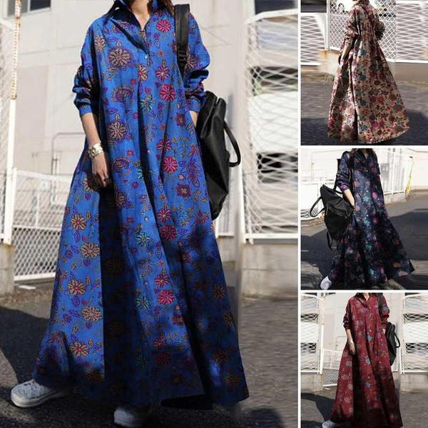 

kaftan floral dress women's printed sundress zanzea 2021 causal long sleeve maxi vestidos female lapel robe femme oversized 5xl casual, Black;gray