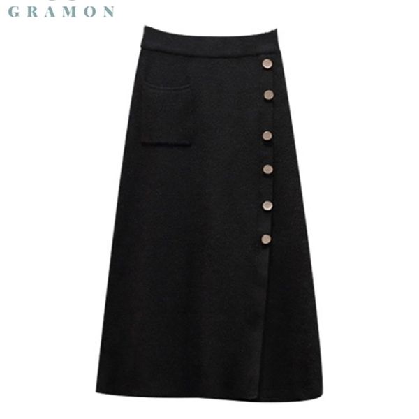 

skirts plus size fall winter clothes for women korean fashion all-match high waist knitted midi skirt chic jupes mujer 211214, Black