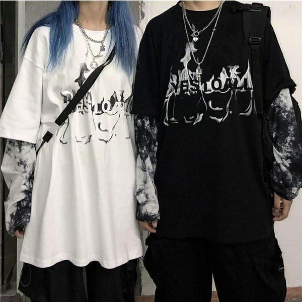 

men's t-shirts couples stitching fake two tie-dyed long-sleeved in autumn male students korean loose trend bottoming clothes., White;black