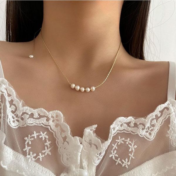 

chains fashion chain natural pearl pendant necklace simply design one layer thin for women jewelry gifts, Silver