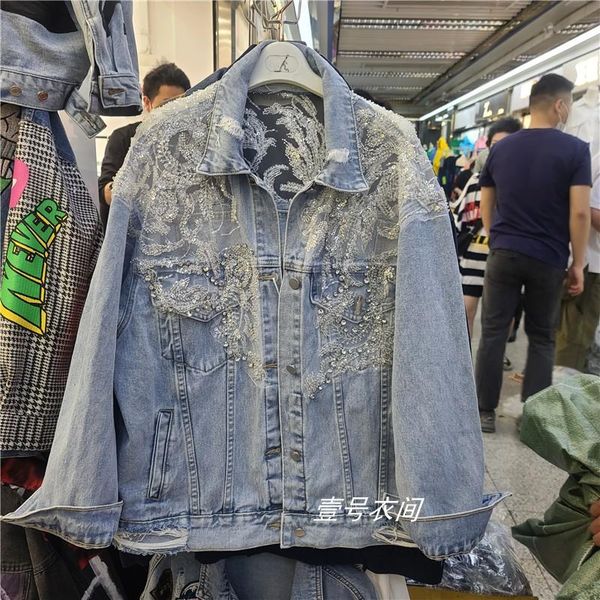 

women's jackets cakucool women heavy beading denim jacket lace mesh patchwork fashion loose stylish ripped holes outfit, Black;brown