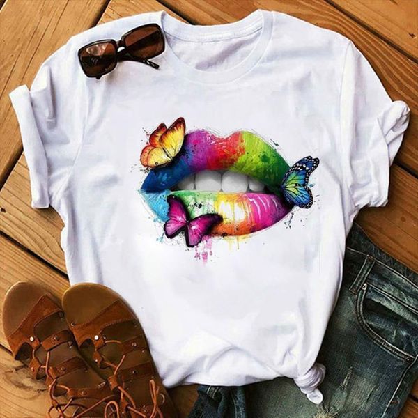 

punk lips printed fashion casual womens short sleeve tee summer female graphic t shirt clothes, White
