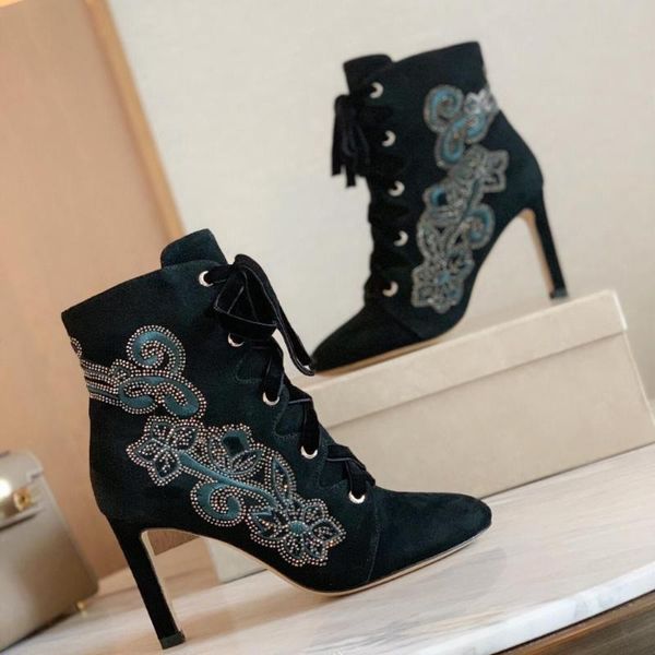 

boots winter sapato feminino kid suede ankle woman round toes thin heels cross-tied floral short, Black