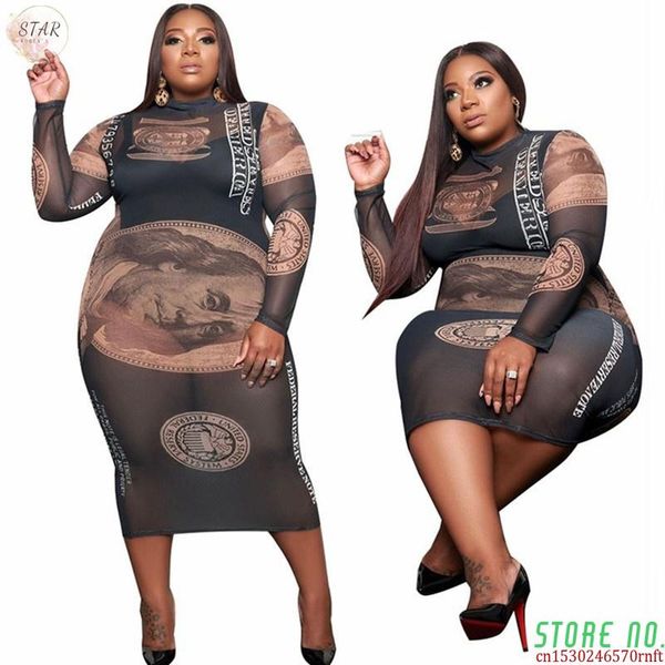 

casual dresses plus size dress women us dollar print mesh see through long sleeve vintage birthday maxi wholesale drop, Black;gray