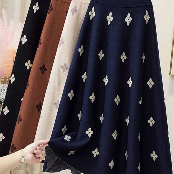 

surmiitro autumn winter thick warm knitted midi long skirt women korean style black floral high waist female 211112