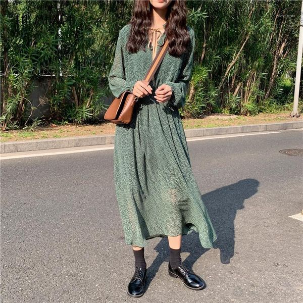 

casual dresses 2021 summer vintage lace up polka dot women green dress elastic waist female long a-line vestidos, Black;gray