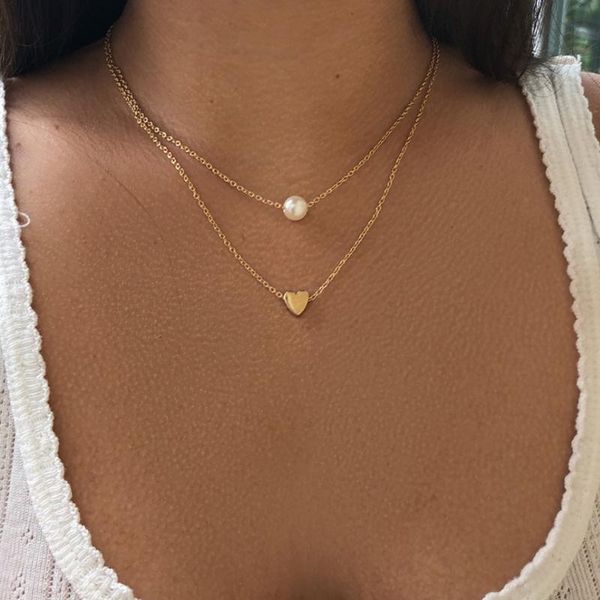 

chains bohemia simple fashion imitation pearl love heart double layer clavicle chain necklace accessories female jewelry wholesale, Silver