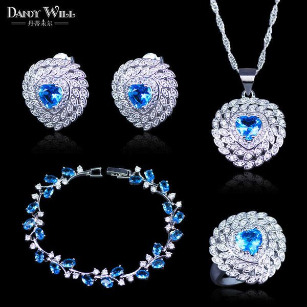 Bigiotteria color argento Fashion Ciondolo / collana / orecchino / anello / braccialetti in cristallo CZ blu chiaro per le donne H1022