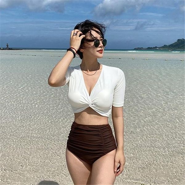 

one-piece suits style swimsuit women tube high waist covering belly small chest gathered solid color split spring bikini girls swimwear
