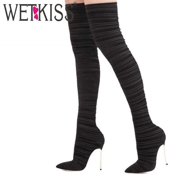 

wetkiss pleated satin women stretch boots pointed toe footwear high heels female boot over the knee party shoes women winter 210630, Black