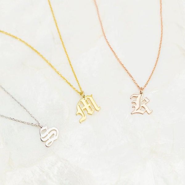 

old english letter necklace gothic initial pendant chains, Silver