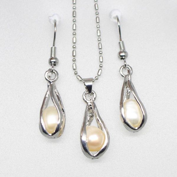 

earrings & necklace 8mmx9mm teardrop real pearl beads pendant nacklace 17inches earring 1.4inches set choose color, Silver