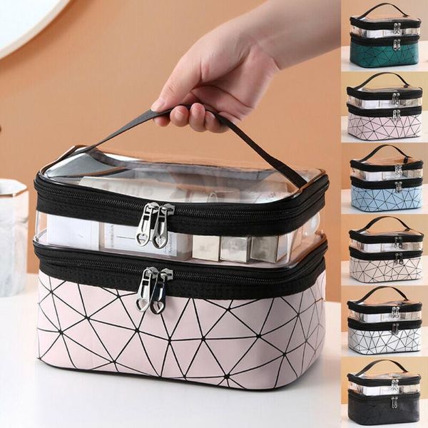 

storage bags fashion women see through diamond lattice double layer travel cosmetic makeup toiletry case pouch wash box
